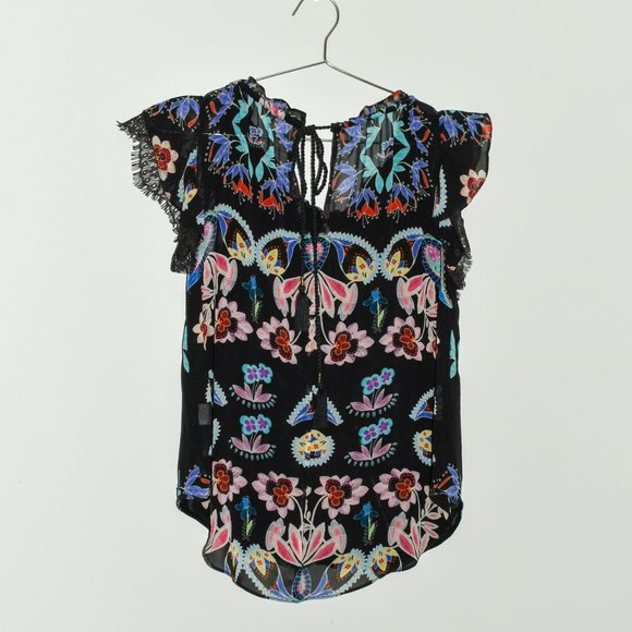 Dark Lacy Floral Paisley Printed Silk Lace Ruffle Sleeve Blouse - Picture 9 of 10